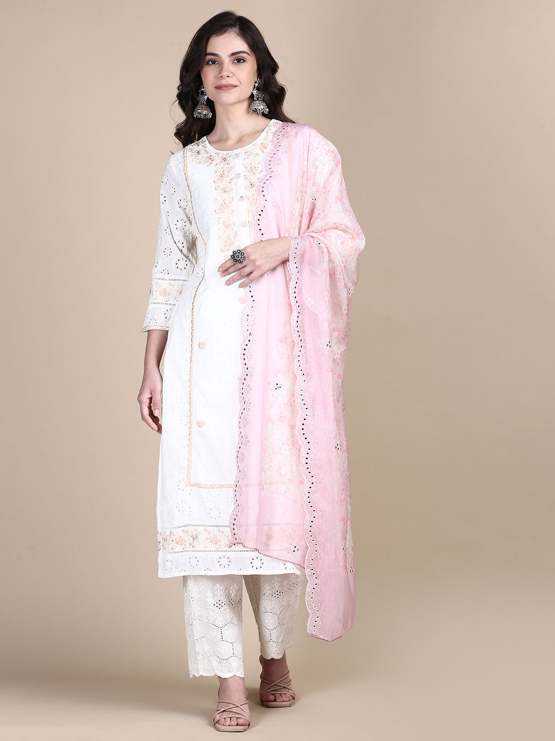 Women Floral Off White Straight Kurta Set with Dupatta