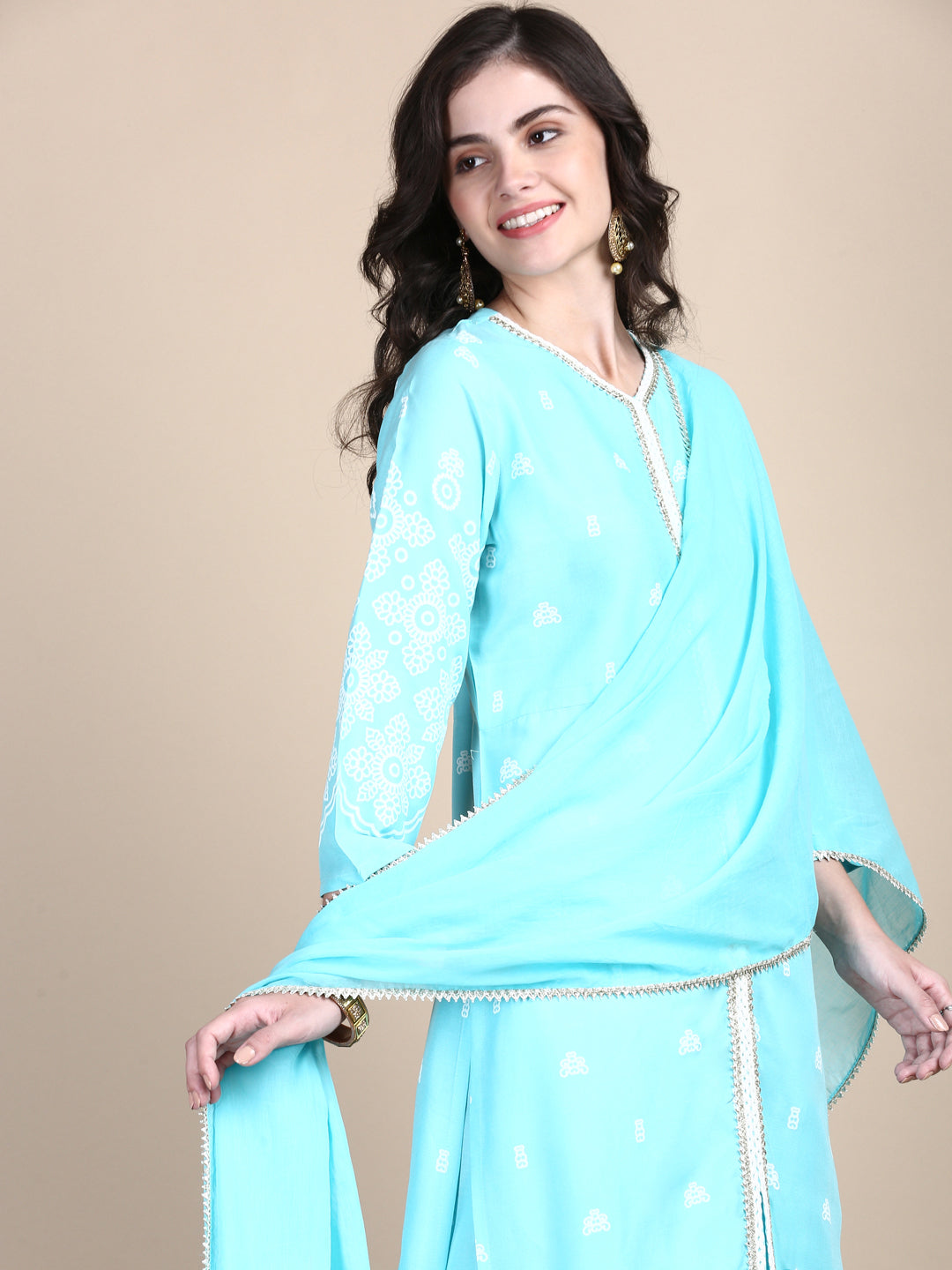 Women Ethnic Motifs Blue Straight Kurta Set with Dupatta