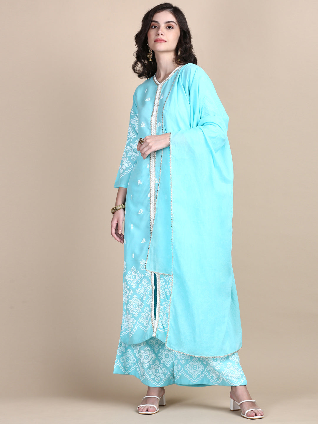 Women Ethnic Motifs Blue Straight Kurta Set with Dupatta