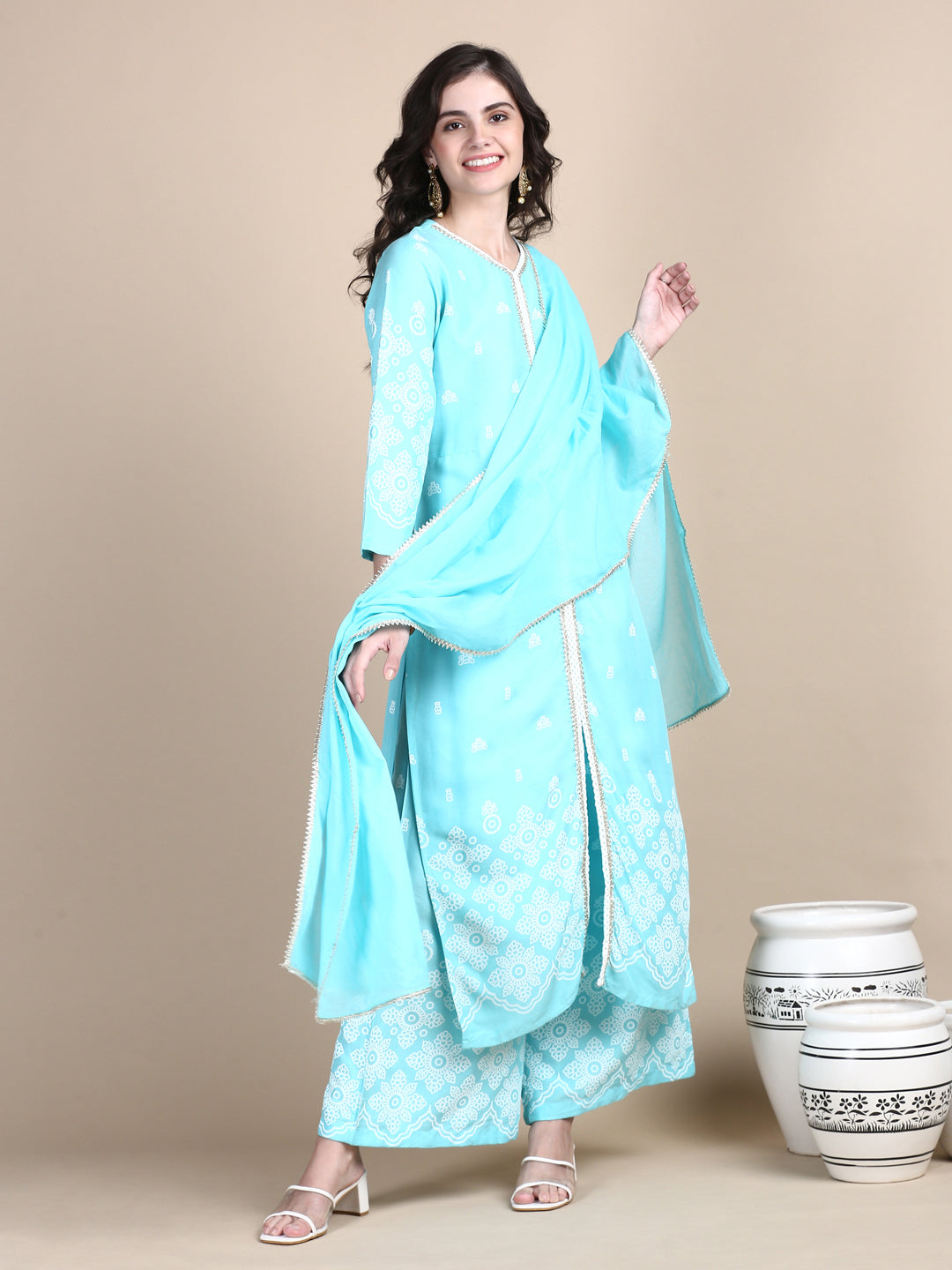 Women Ethnic Motifs Blue Straight Kurta Set with Dupatta