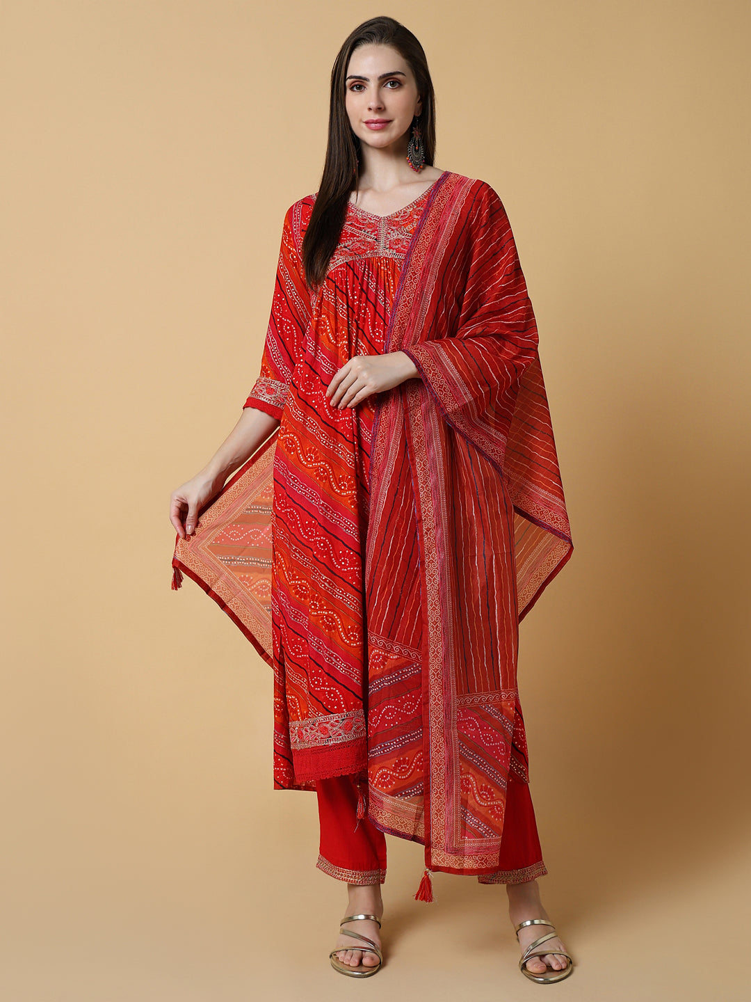 Women Graphic Orange A-Line Kurta Set with Dupatta and Potli Bag