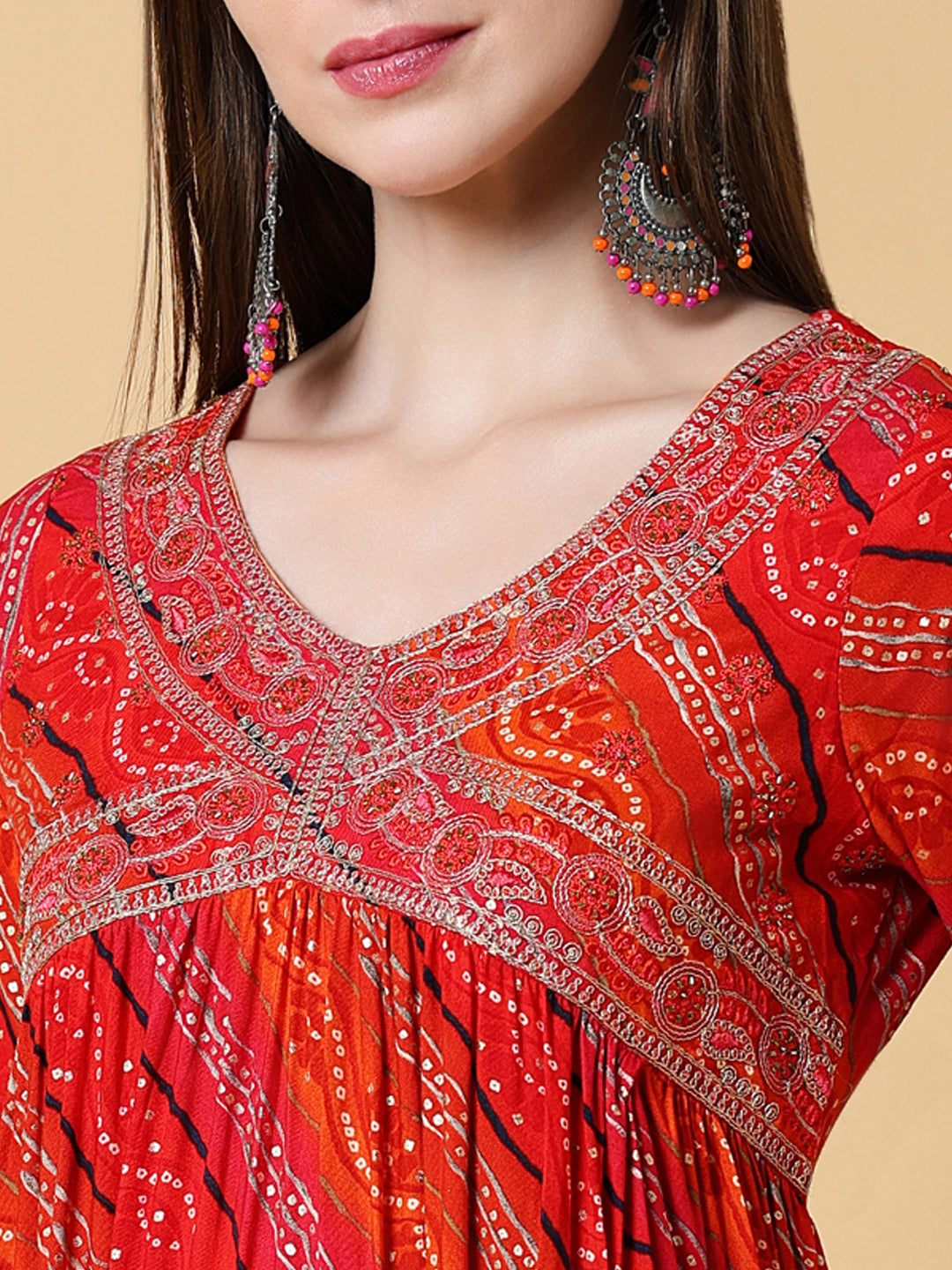 Women Graphic Orange A-Line Kurta Set with Dupatta and Potli Bag