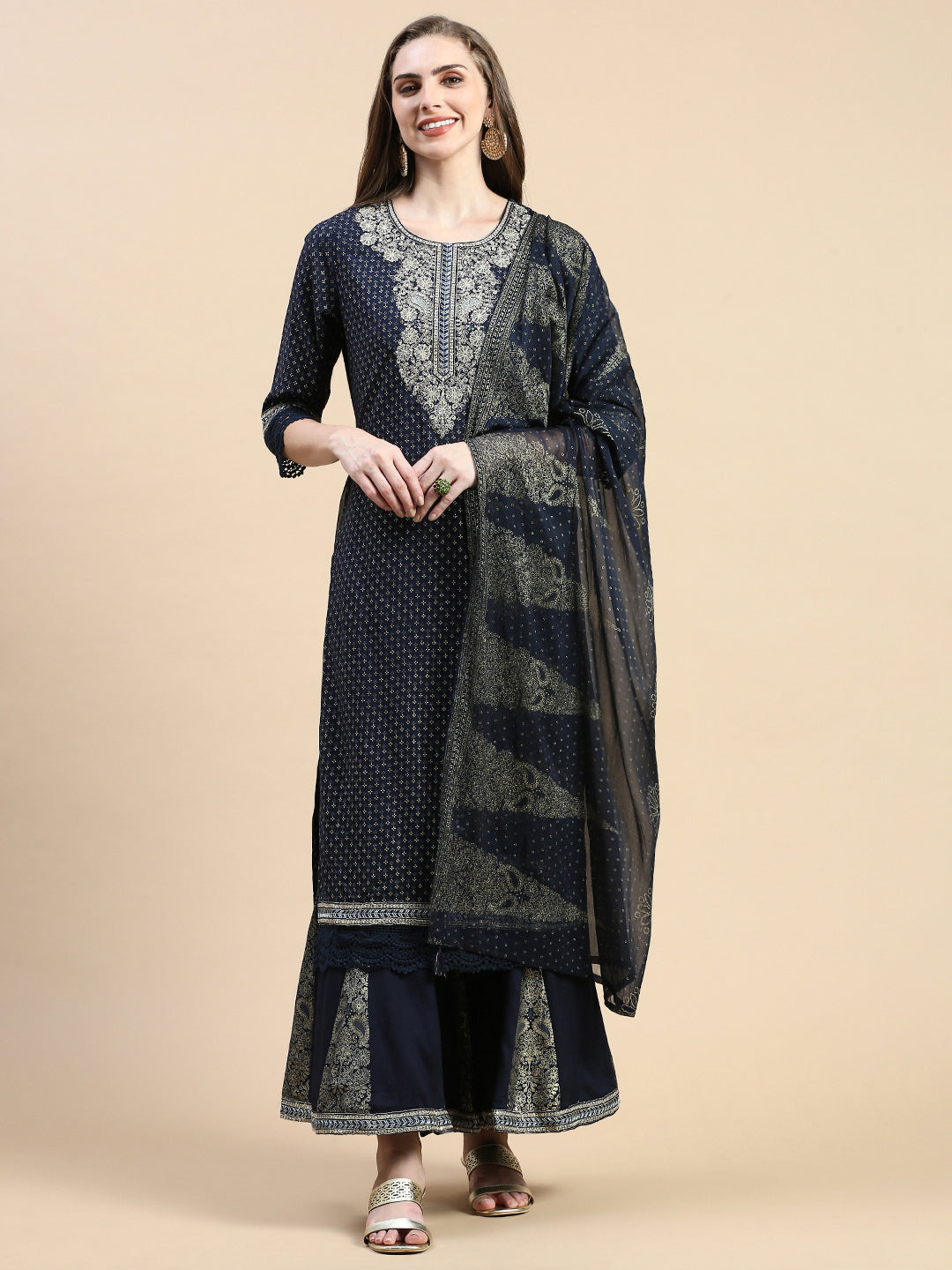 Women Floral Navy Blue Straight Kurta Set with Dupatta