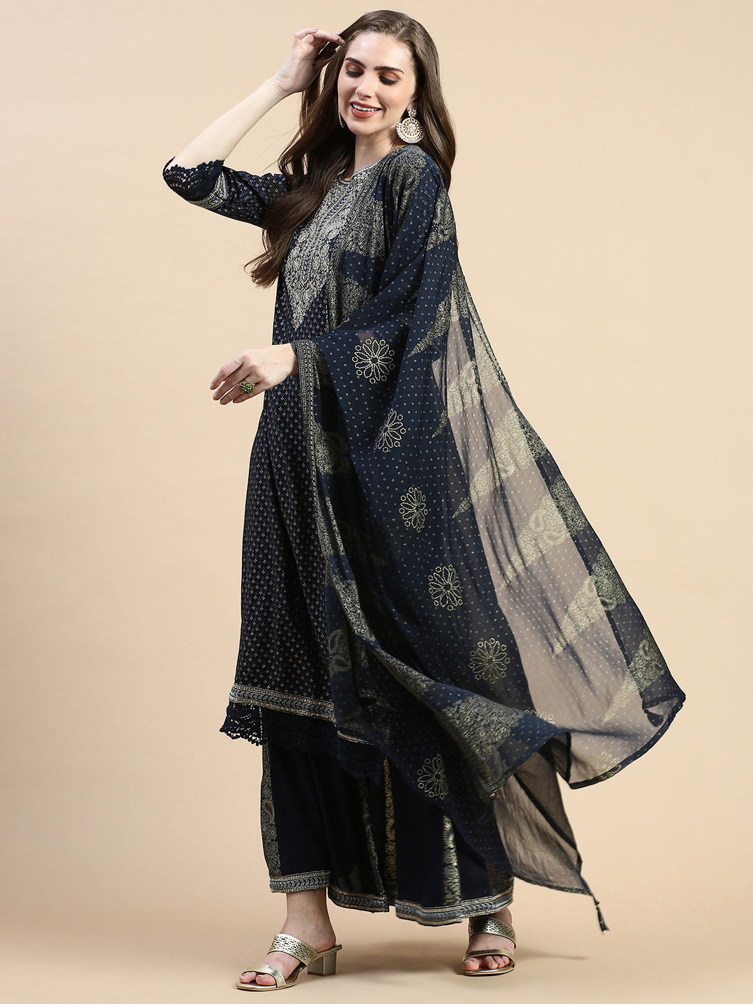 Women Floral Navy Blue Straight Kurta Set with Dupatta