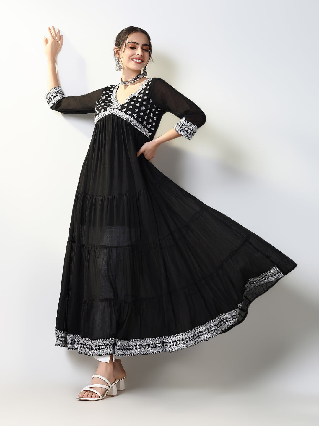 Women Black Solid Anarkali Kurta