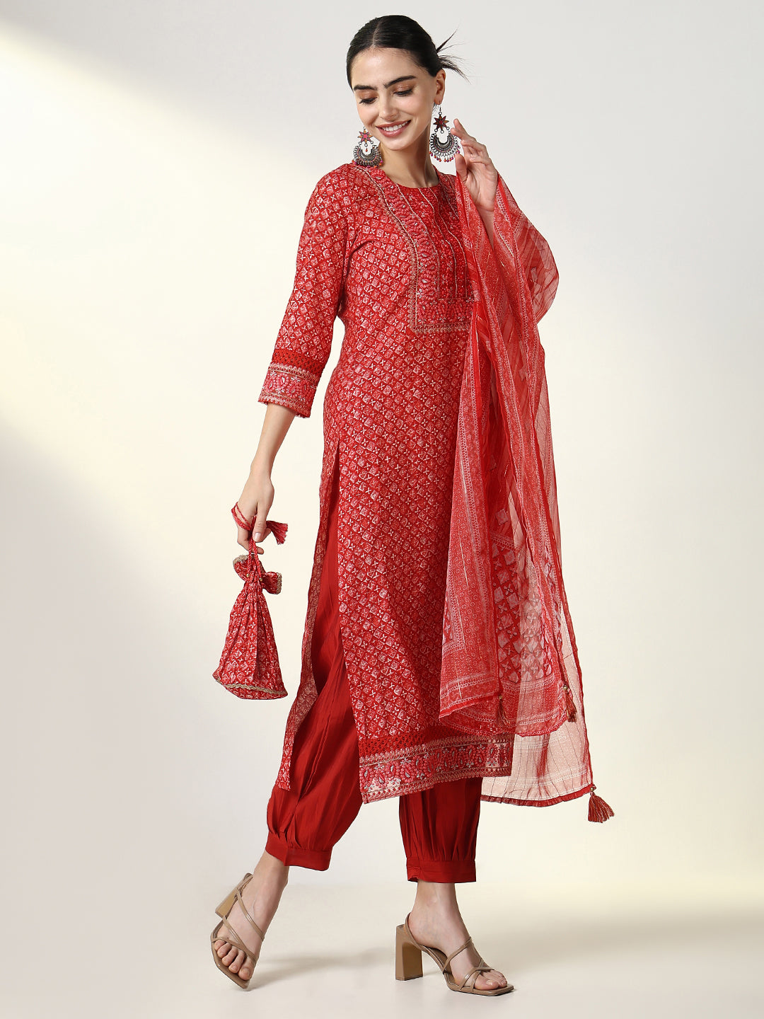 Women Graphic Red Straight Kurta Set with Dupatta