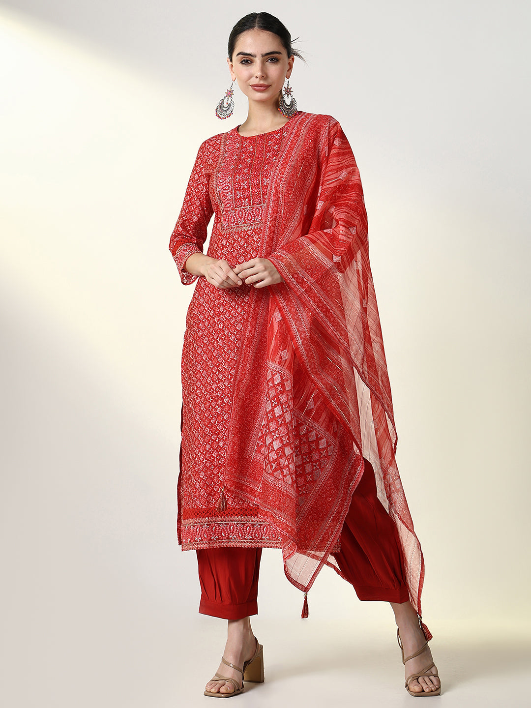 Women Graphic Red Straight Kurta Set with Dupatta