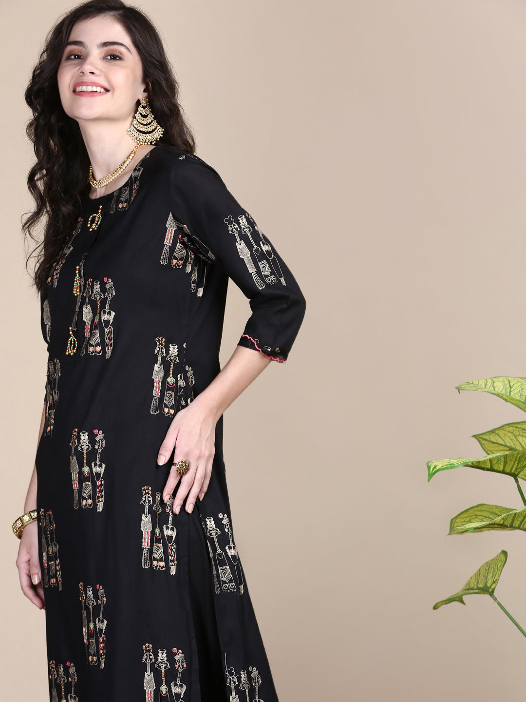 Women Tribal Black Straight Kurta Set