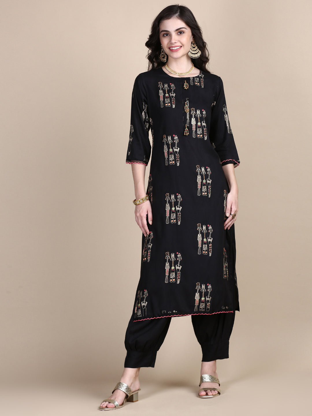 Women Tribal Black Straight Kurta Set