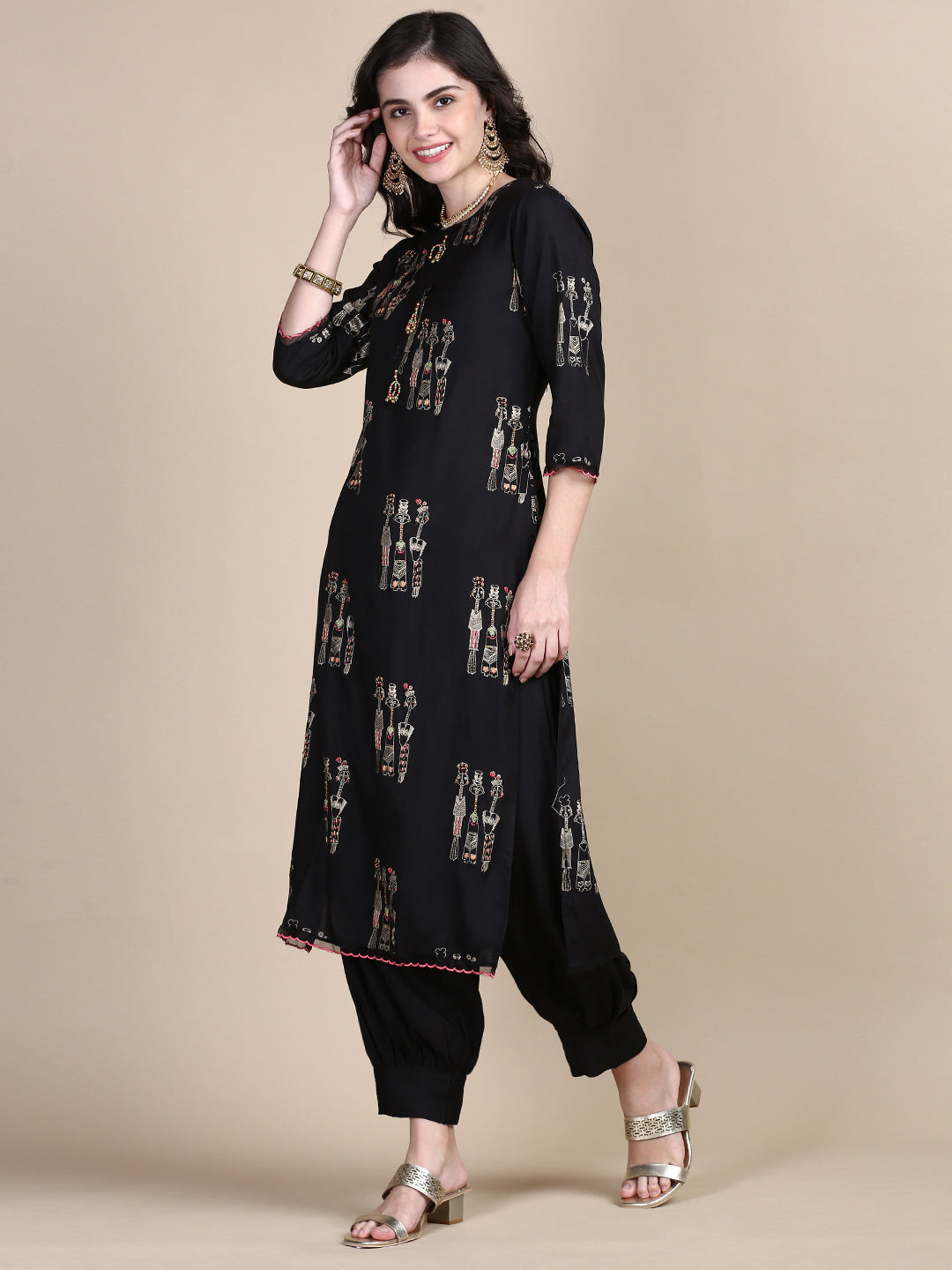 Women Tribal Black Straight Kurta Set