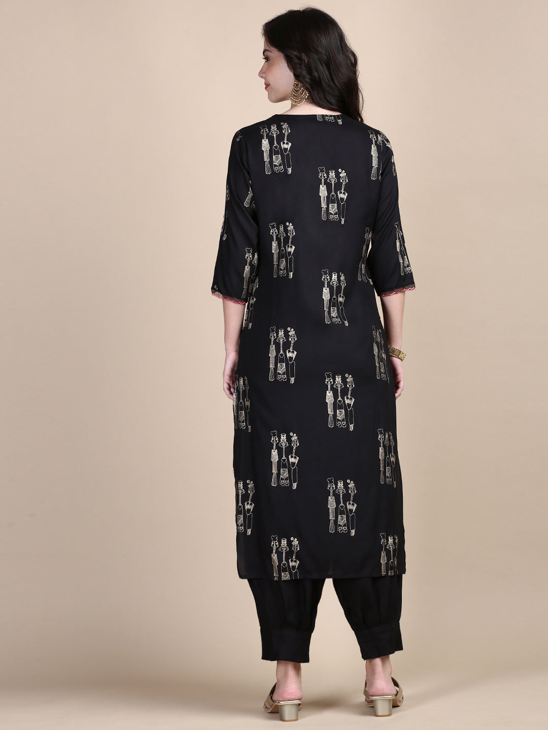 Women Tribal Black Straight Kurta Set