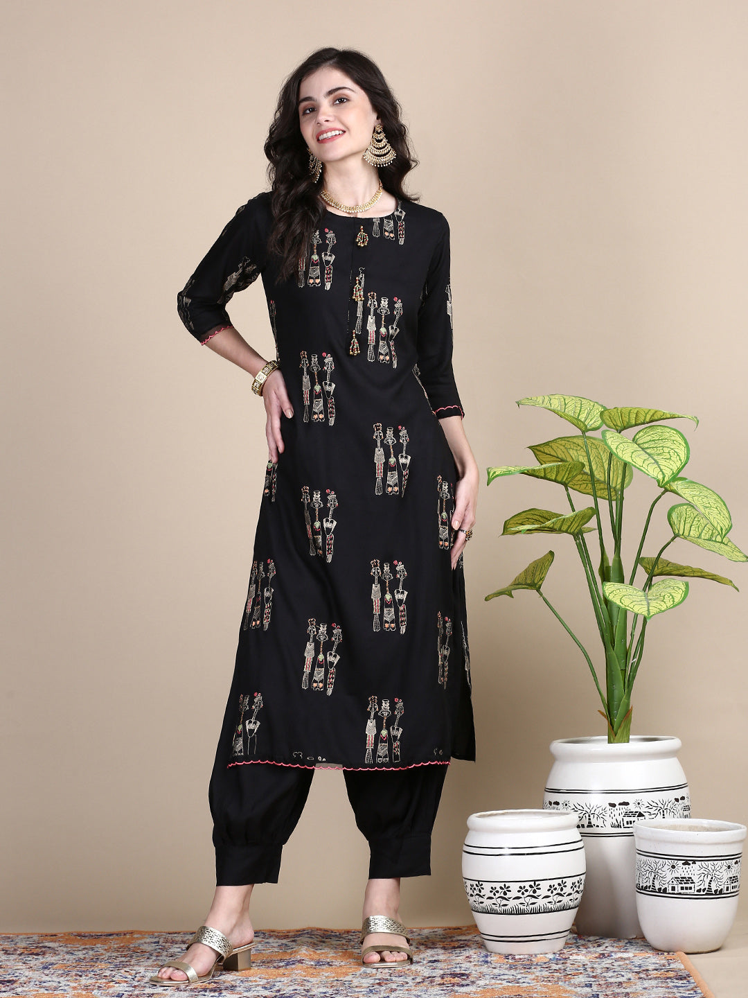 Women Tribal Black Straight Kurta Set