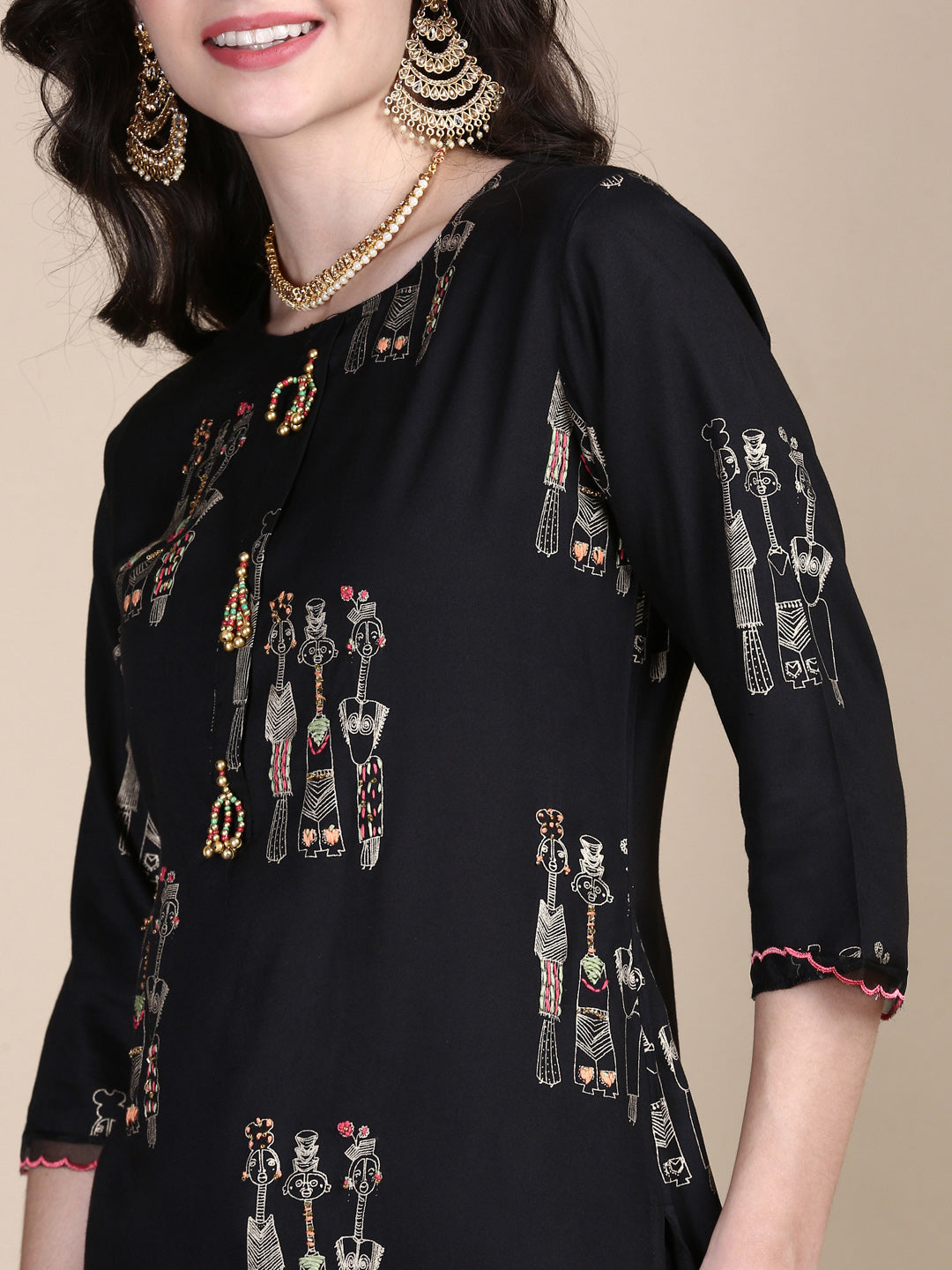 Women Tribal Black Straight Kurta Set