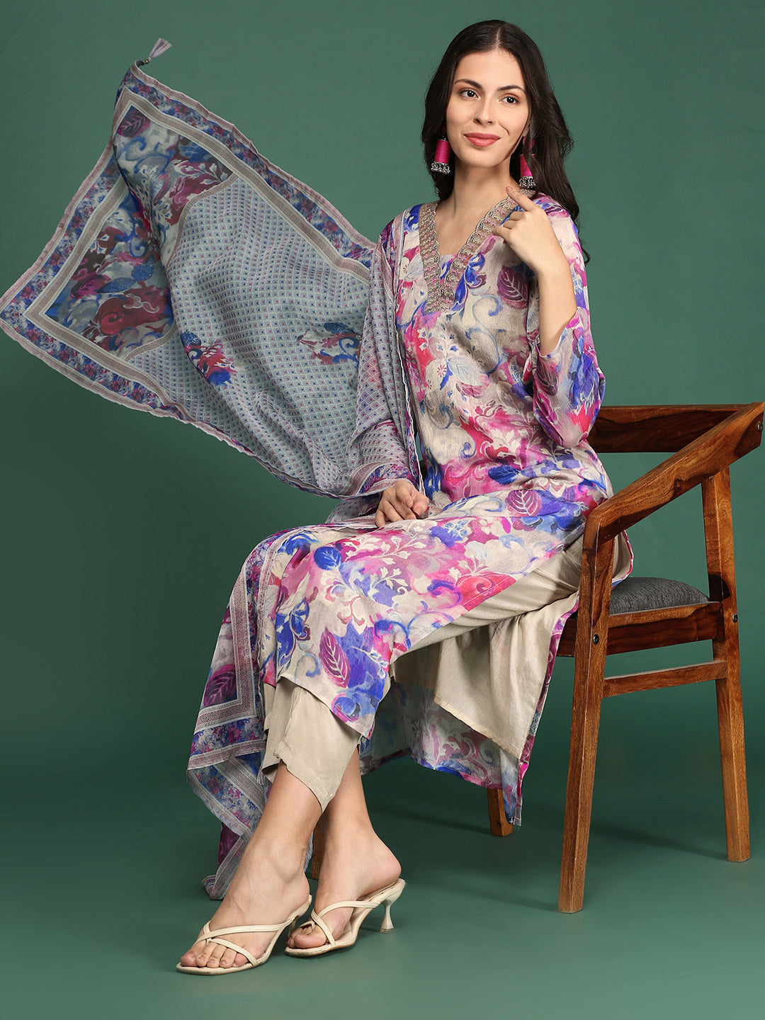 Women Floral Blue Straight Kurta Set with Dupatta