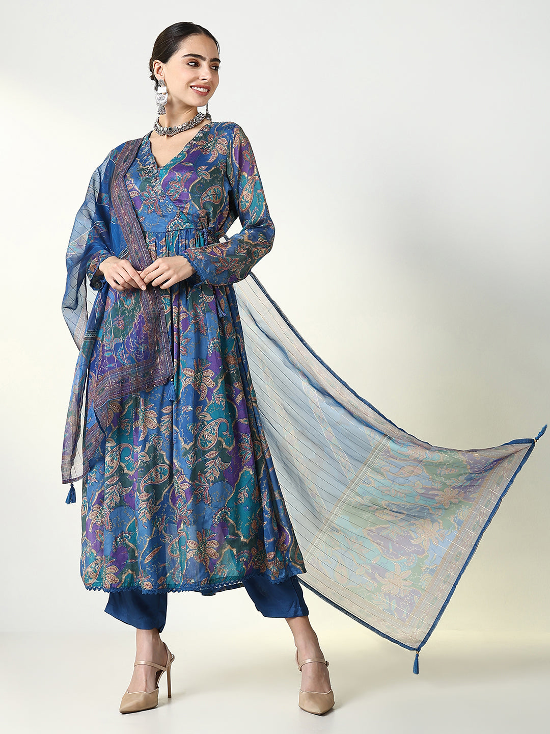 Women Floral Blue Anarkali Kurta Set with Dupatta