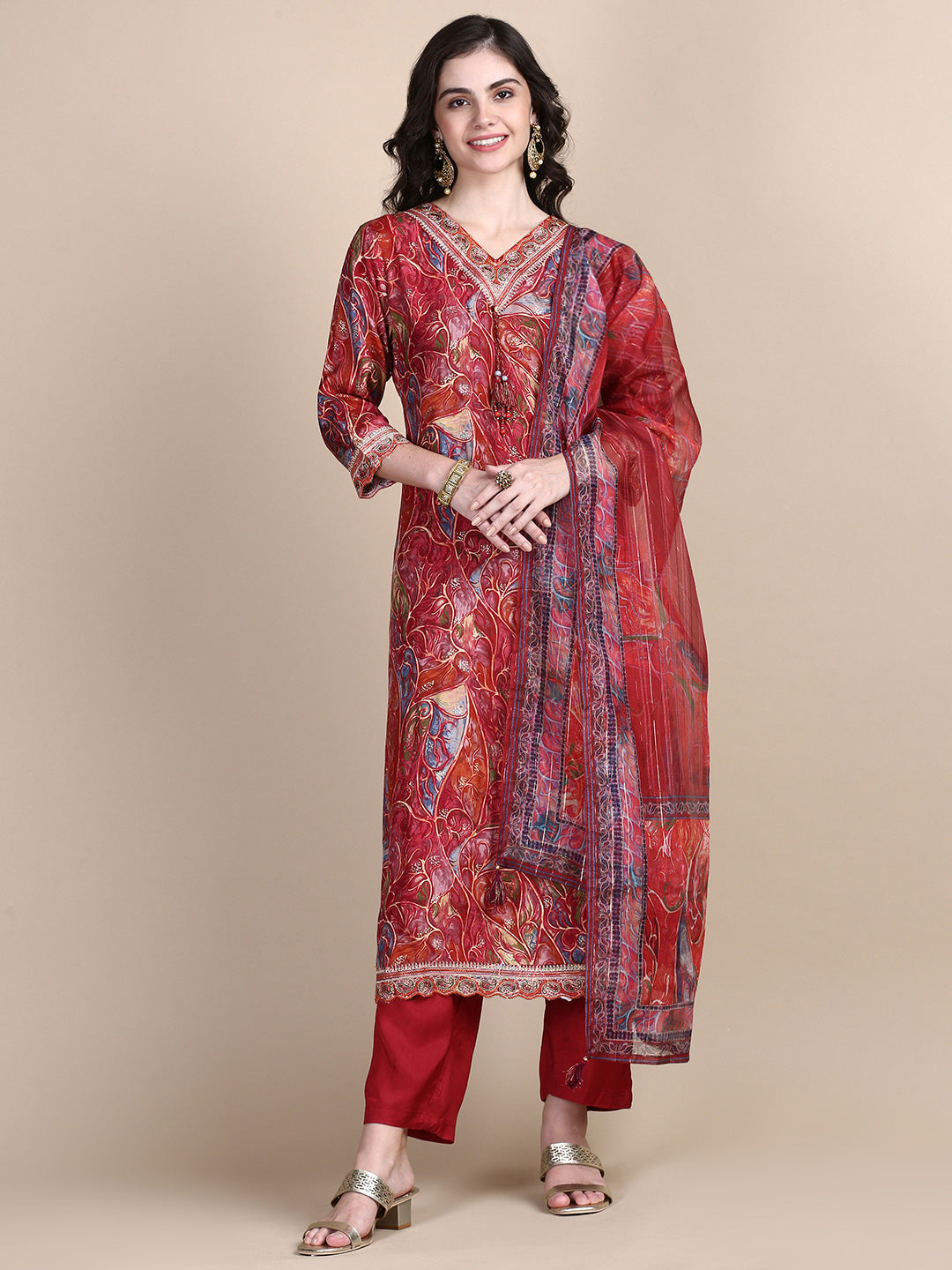 Women Abstract Maroon Straight Kurta Set with Dupatta