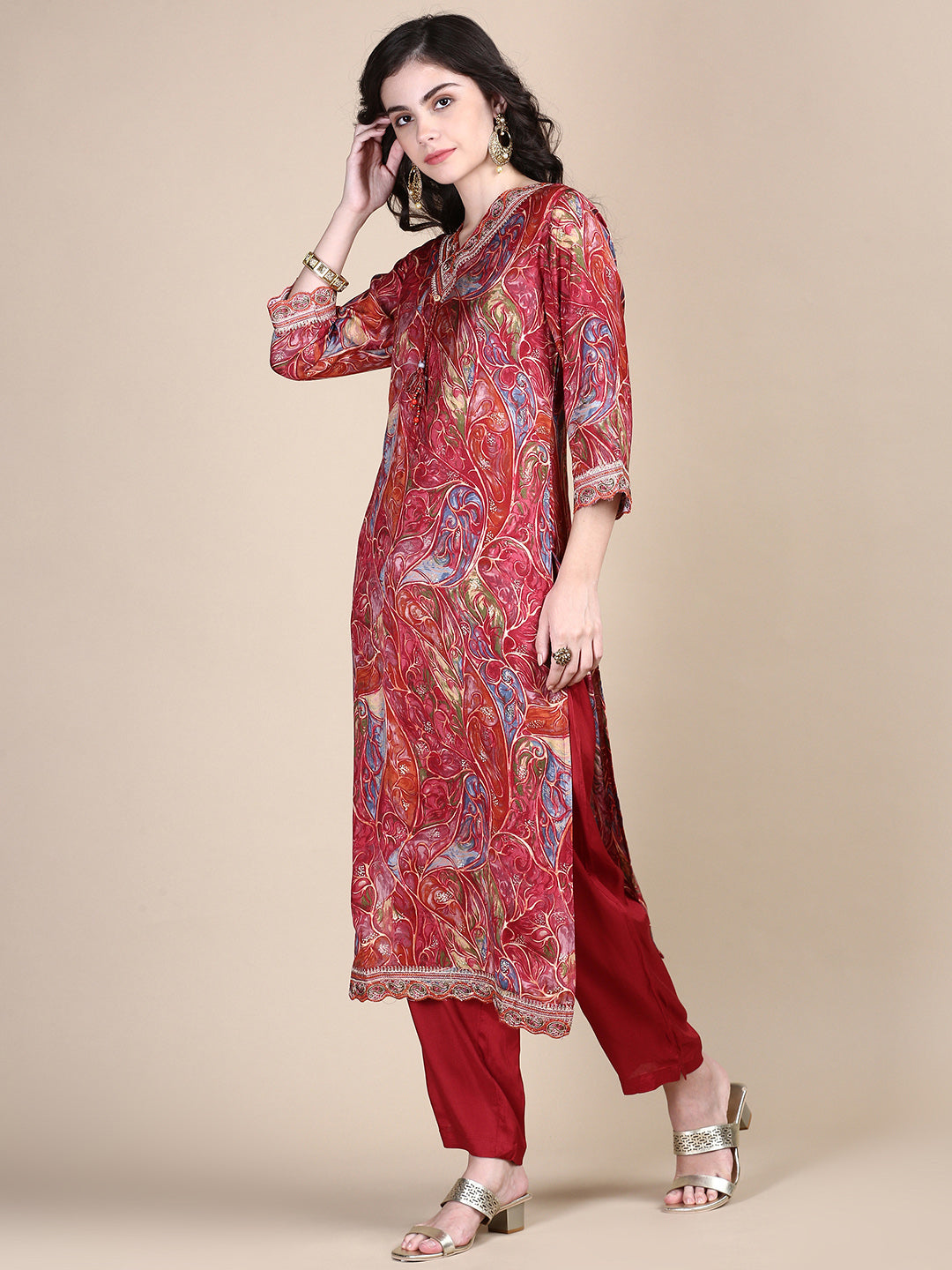 Women Abstract Maroon Straight Kurta Set with Dupatta