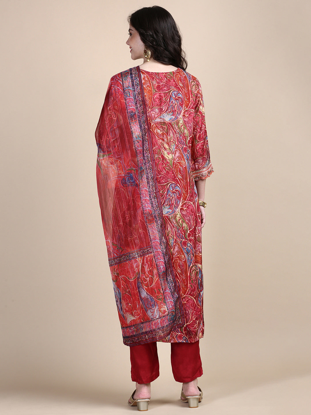 Women Abstract Maroon Straight Kurta Set with Dupatta