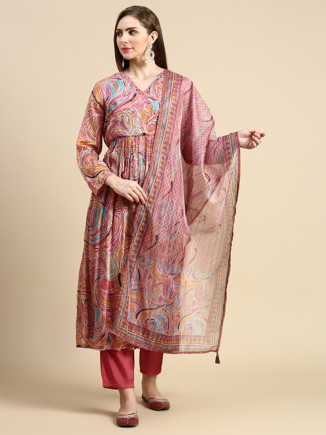 Women Abstract Coral Anarkali Kurta Set with Dupatta