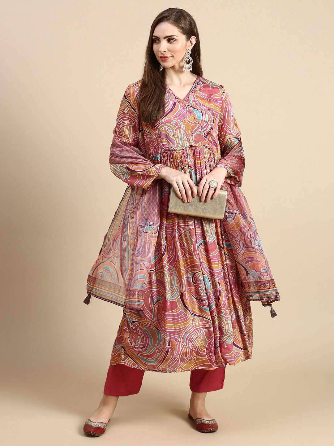 Women Abstract Coral Anarkali Kurta Set with Dupatta