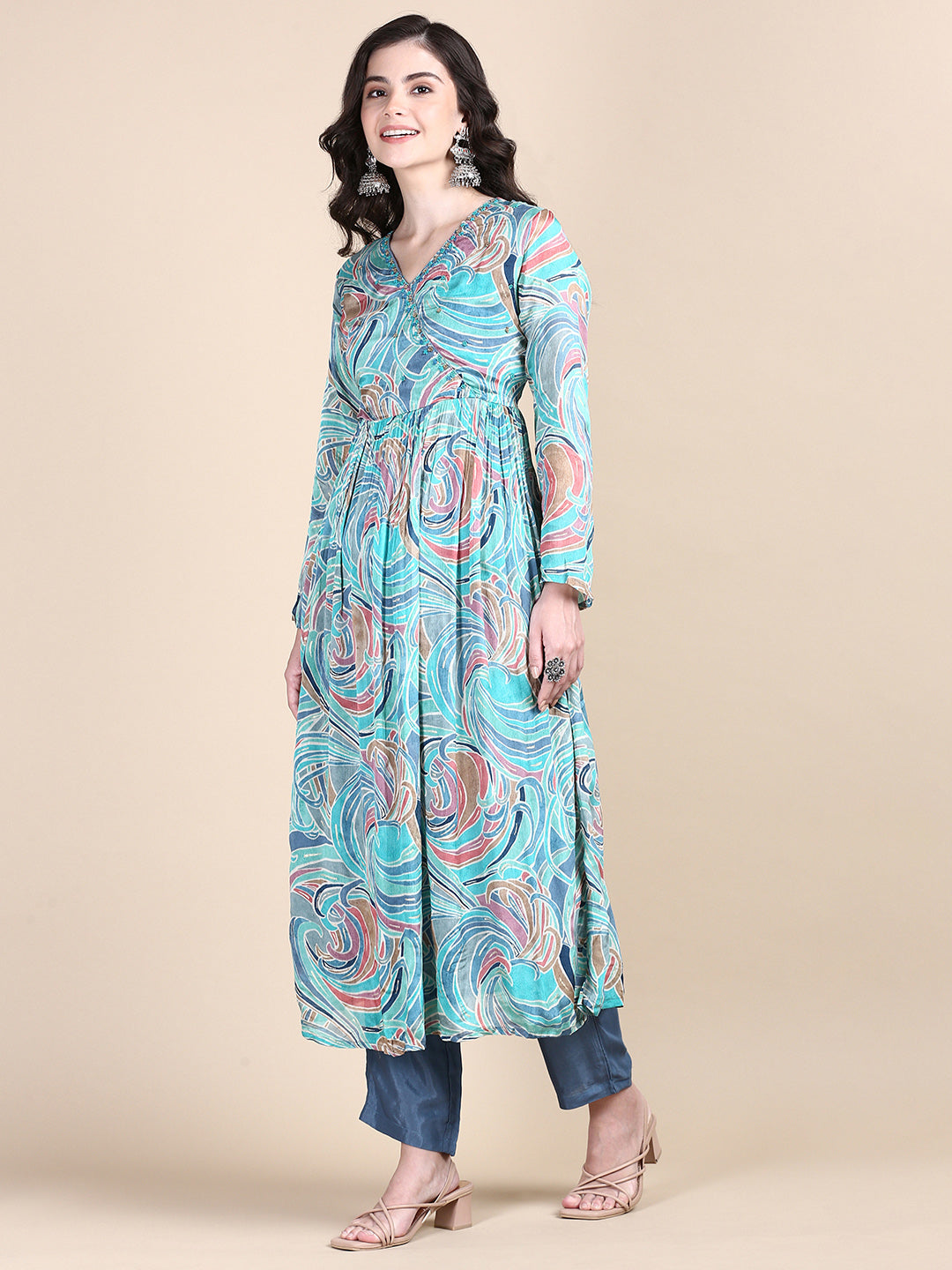 Women Abstract Turquoise Blue Anarkali Kurta Set with Dupatta