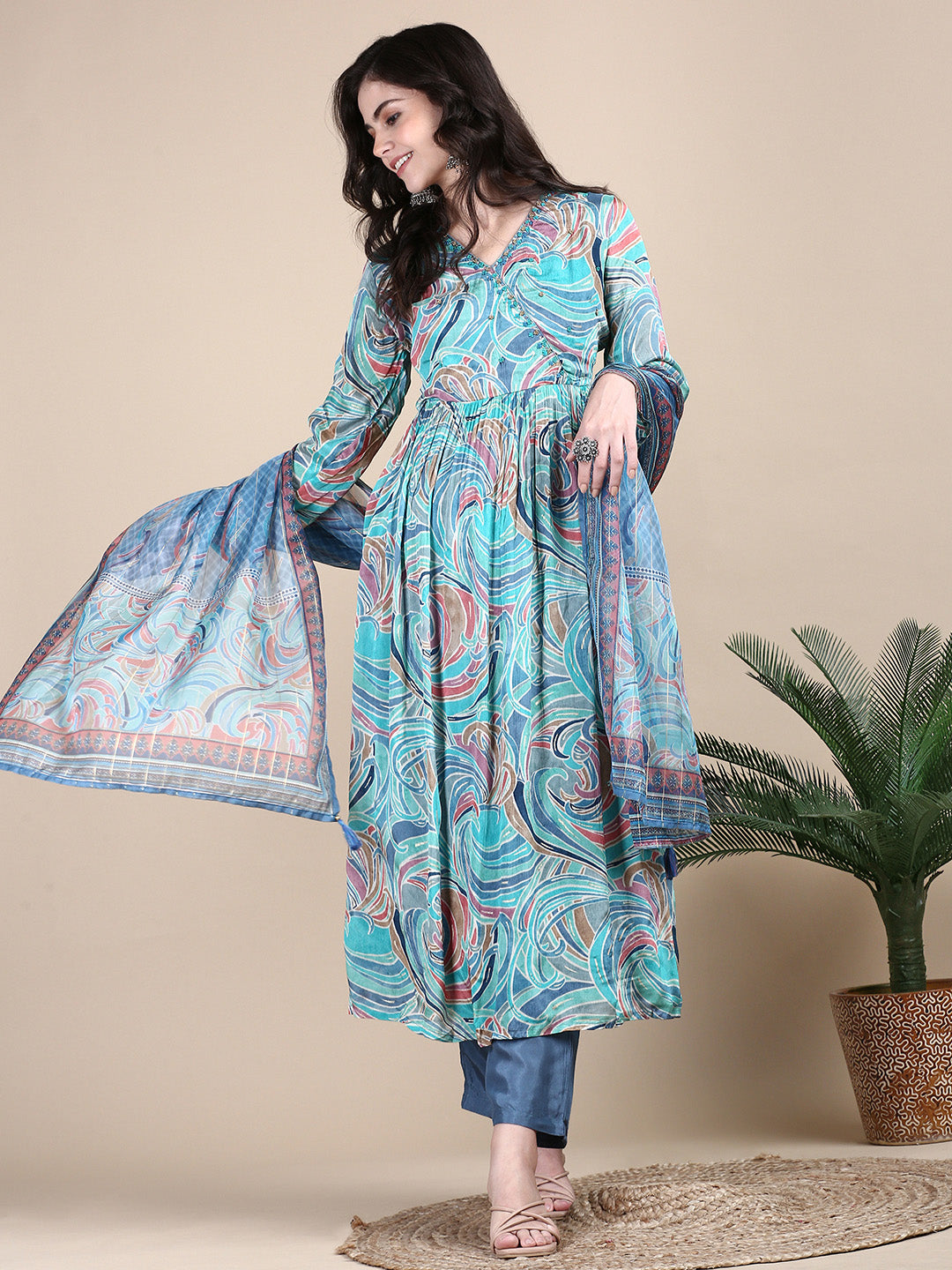 Women Abstract Turquoise Blue Anarkali Kurta Set with Dupatta