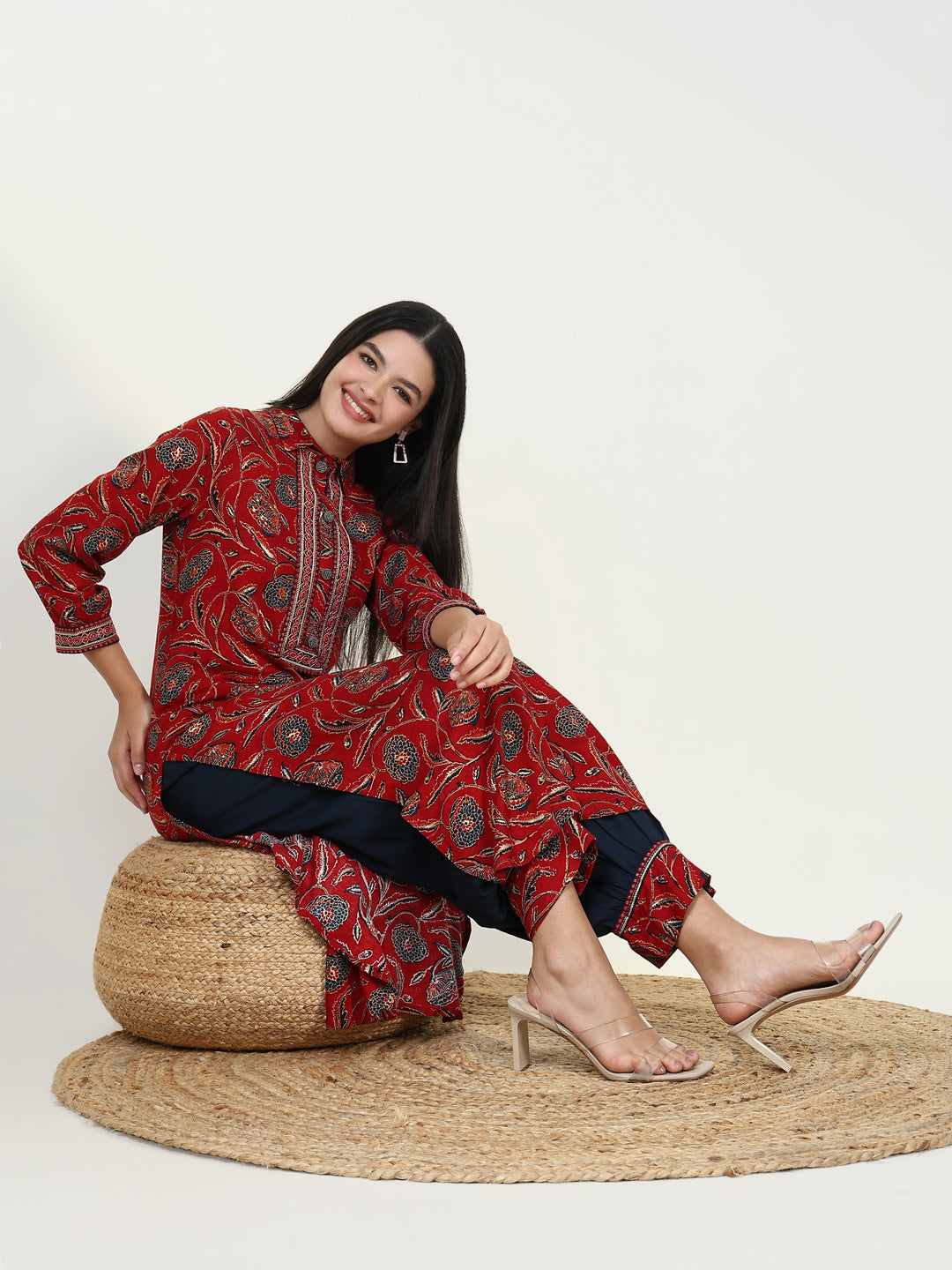 Women Floral Red Straight Kurta Set