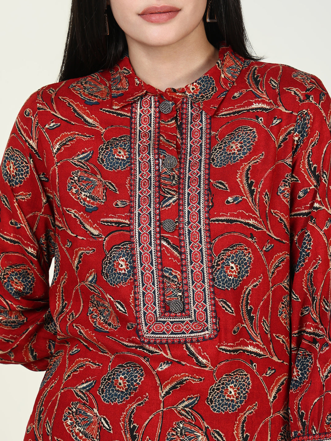 Women Floral Red Straight Kurta Set