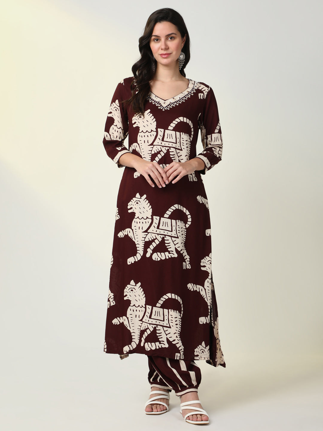 Women Burgundy Animal Print Straight Kurta Set