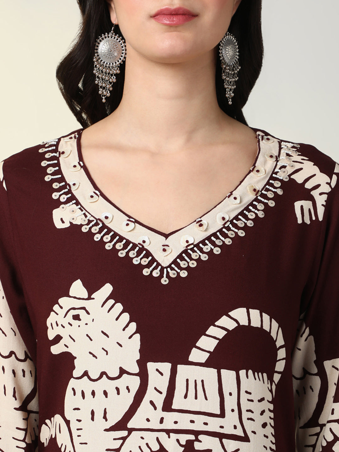 Women Burgundy Animal Print Straight Kurta Set