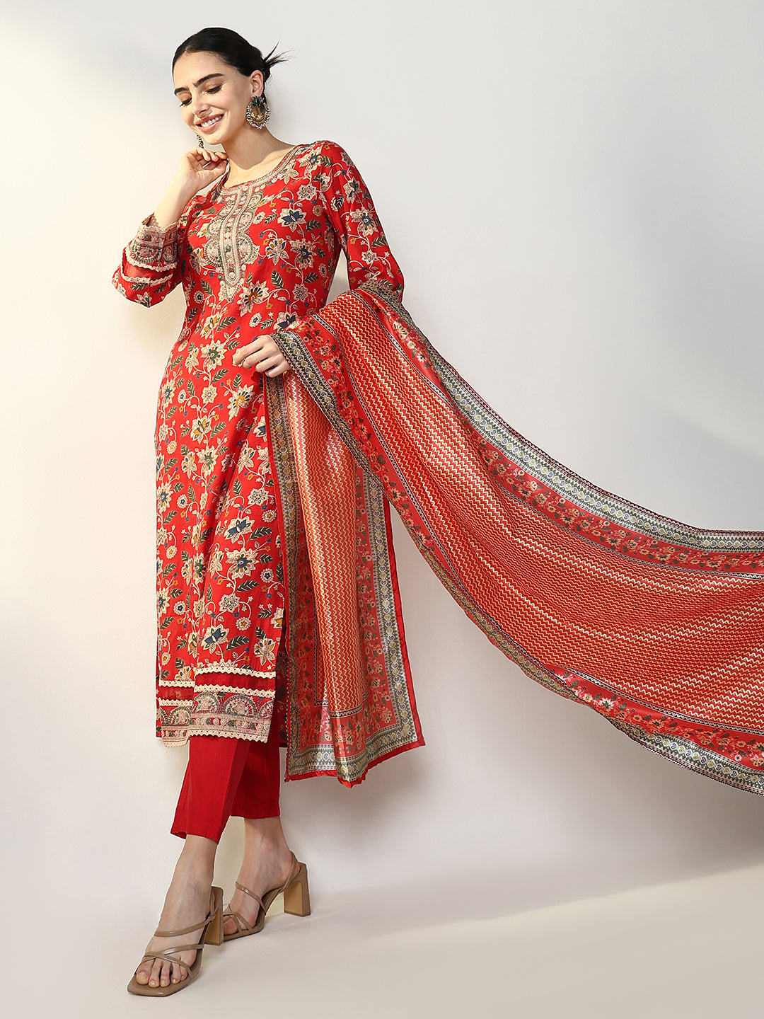 Women Floral Red Straight Kurta Set with Dupatta