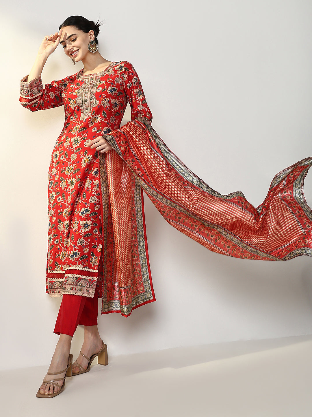 Women Floral Red Straight Kurta Set with Dupatta