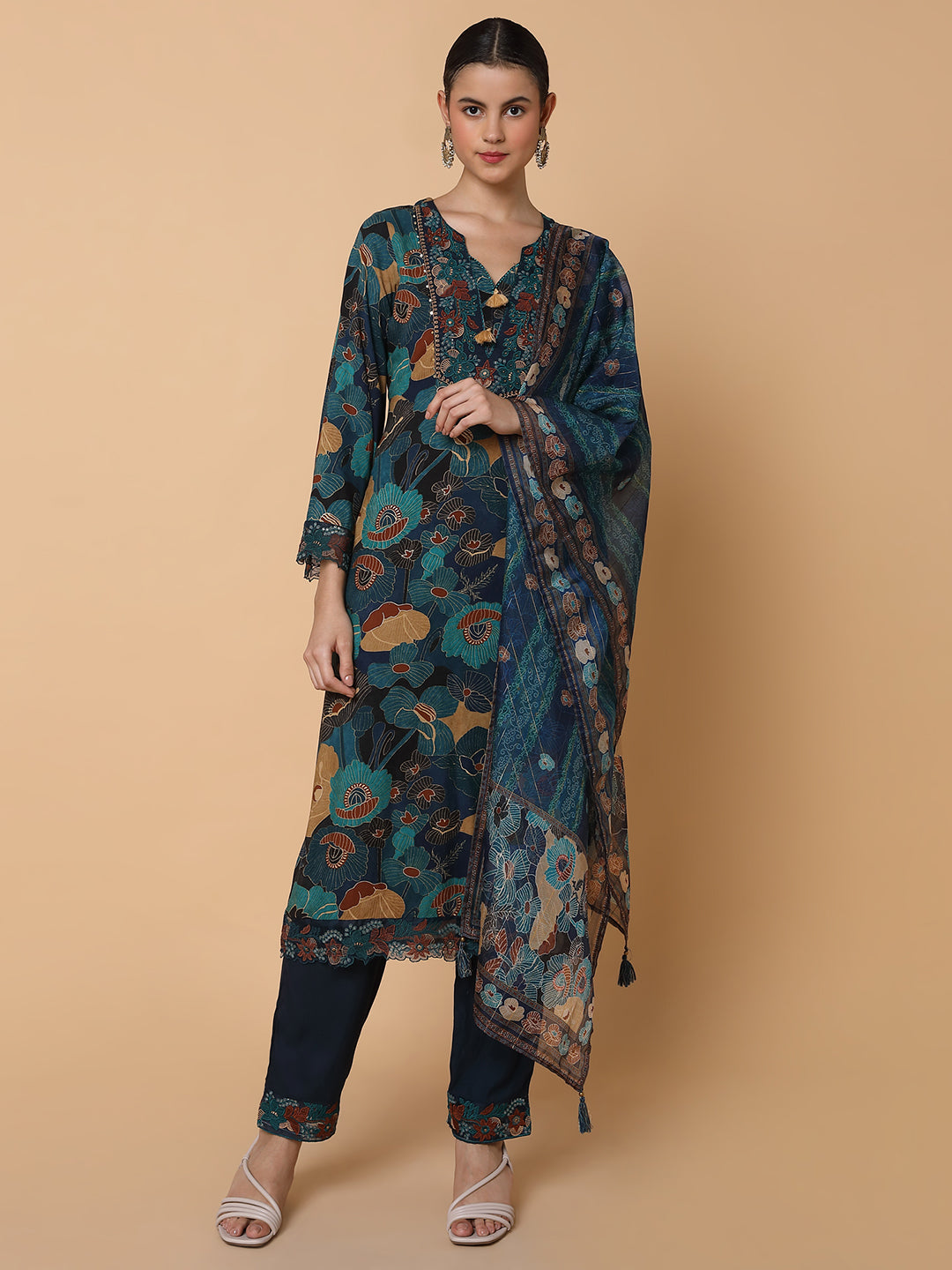 Women Floral Teal Straight Kurta Set with Dupatta