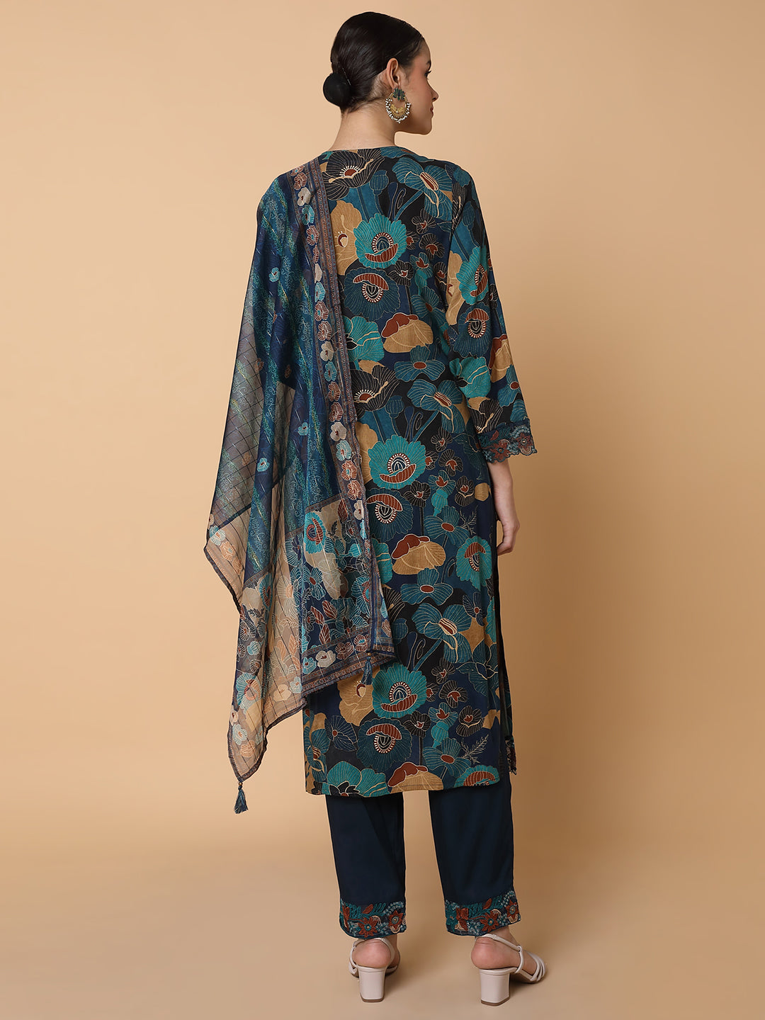 Women Floral Teal Straight Kurta Set with Dupatta