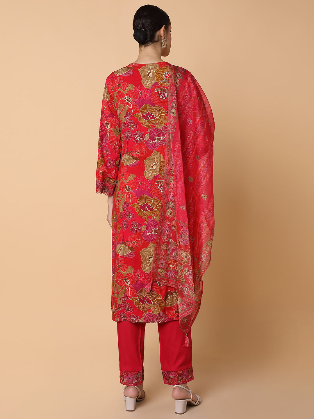 Women Floral Red Straight Kurta Set with Dupatta