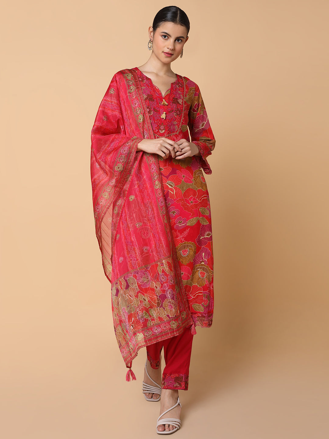 Women Floral Red Straight Kurta Set with Dupatta