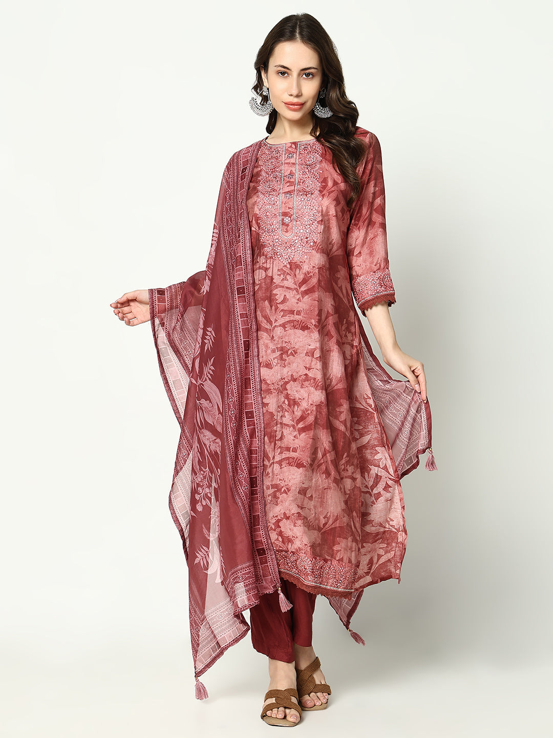 Women Floral Maroon Kurta Set with Dupatta