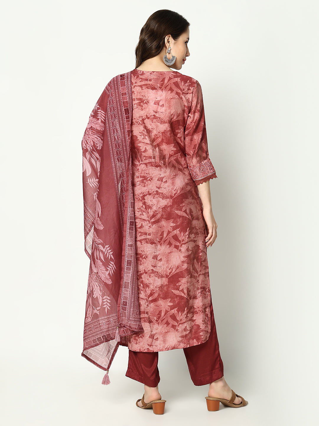 Women Floral Maroon Kurta Set with Dupatta