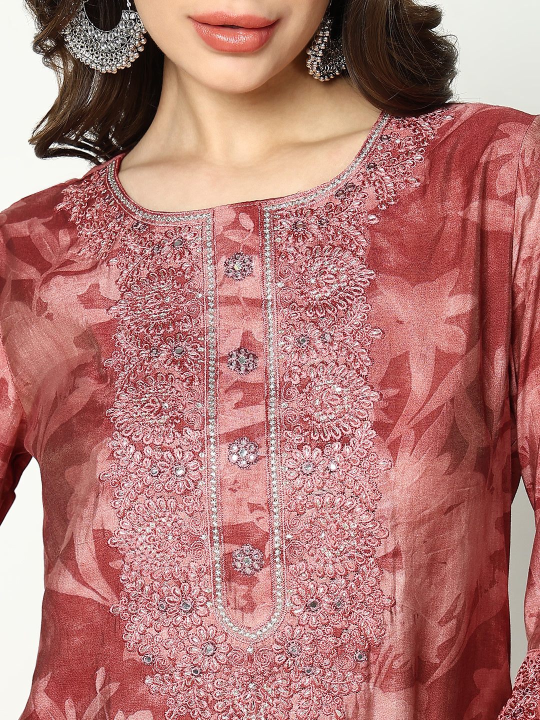 Women Floral Maroon Kurta Set with Dupatta