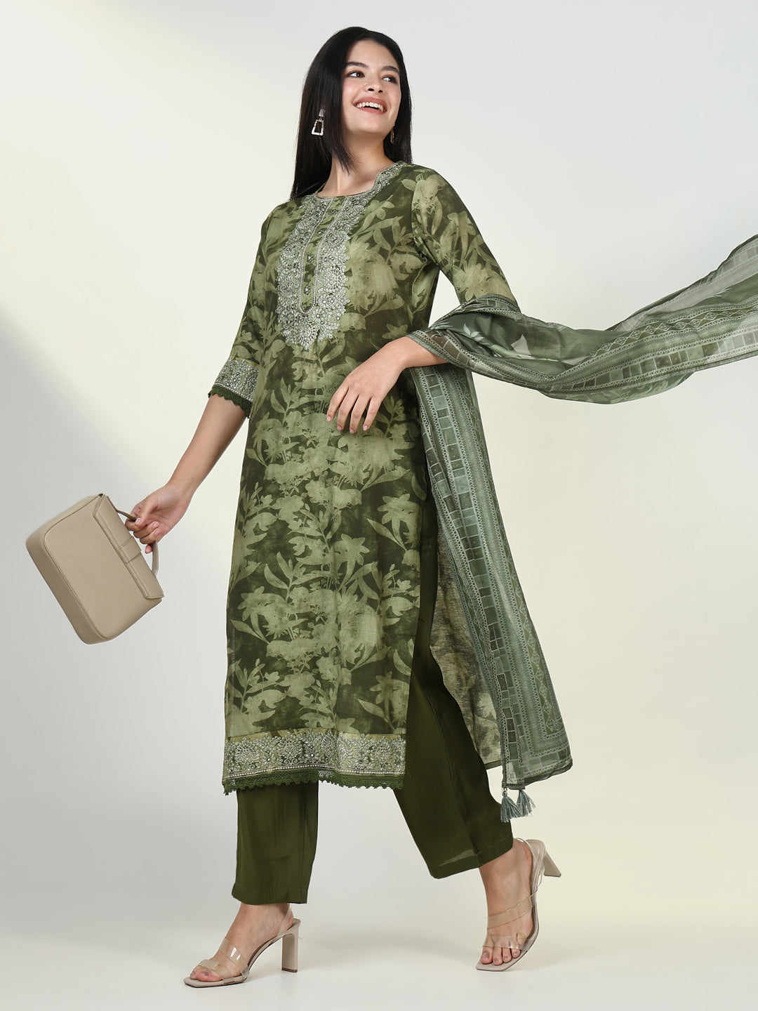 Women Floral Green Kurta Set with Dupatta