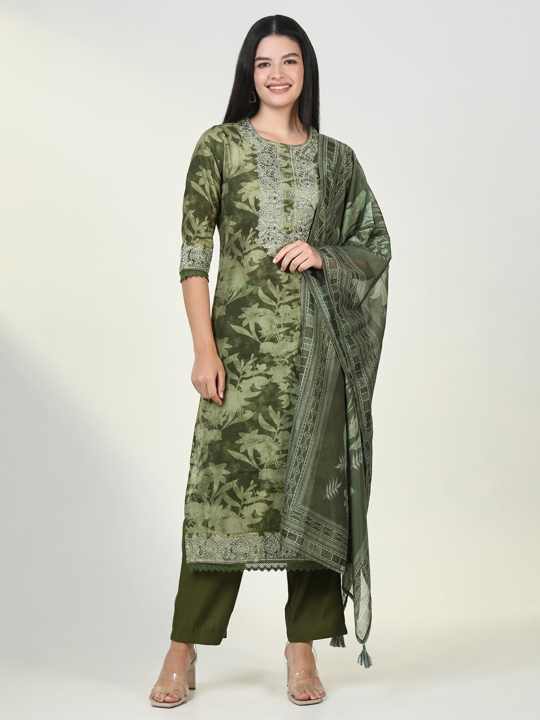 Women Floral Green Kurta Set with Dupatta