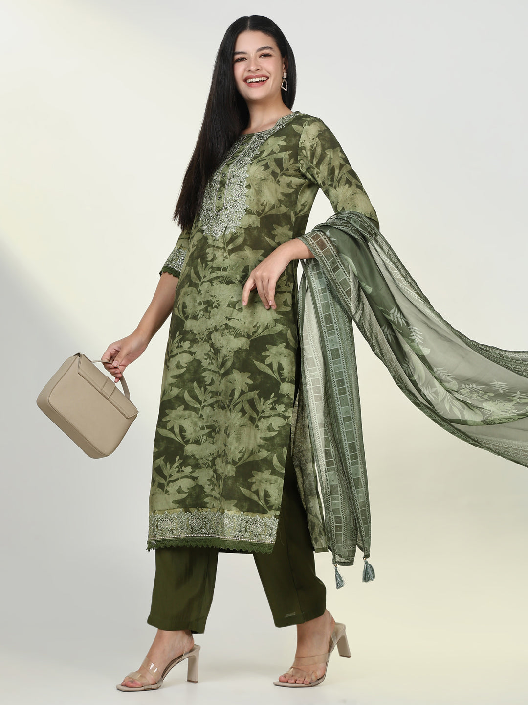 Women Floral Green Kurta Set with Dupatta