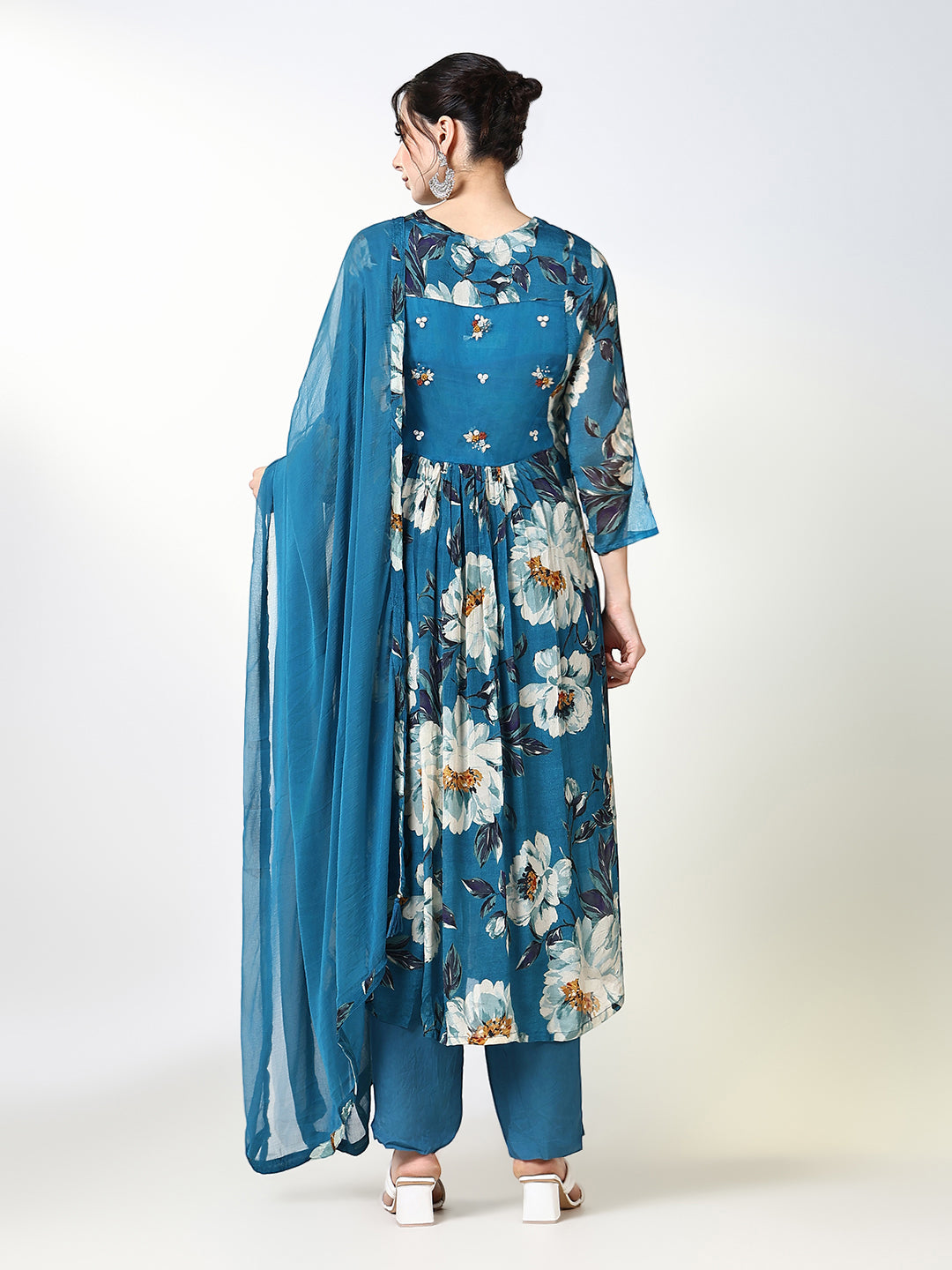 Women Floral Blue Anarkali Kurta Set with Dupatta