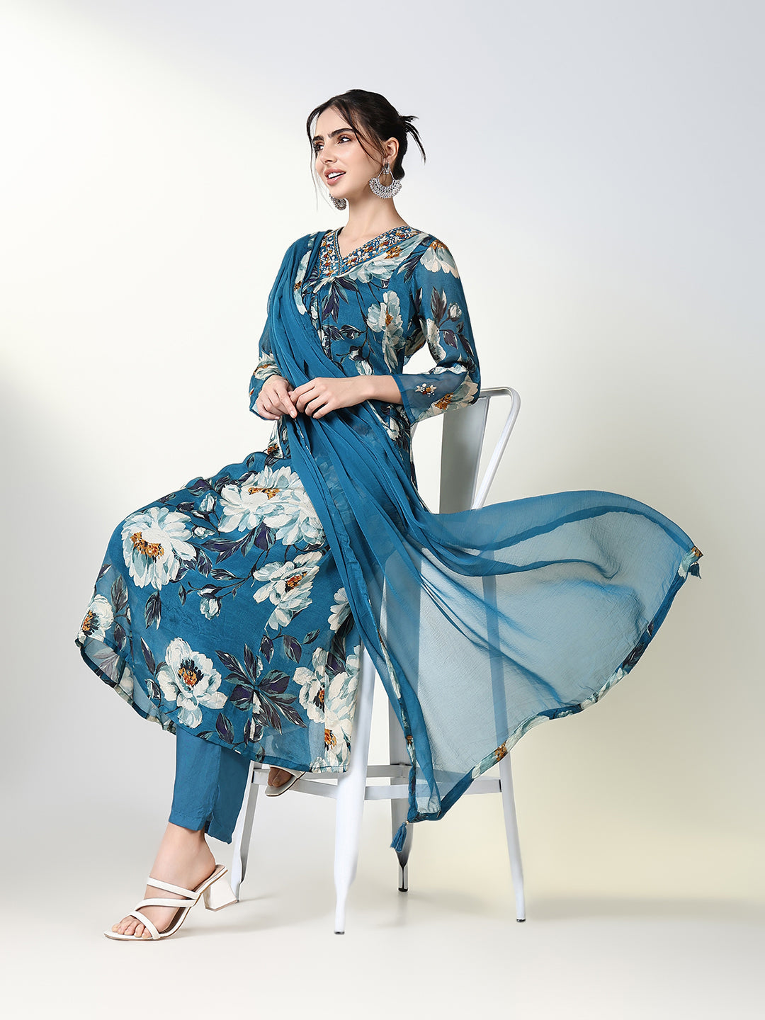 Women Floral Blue Anarkali Kurta Set with Dupatta