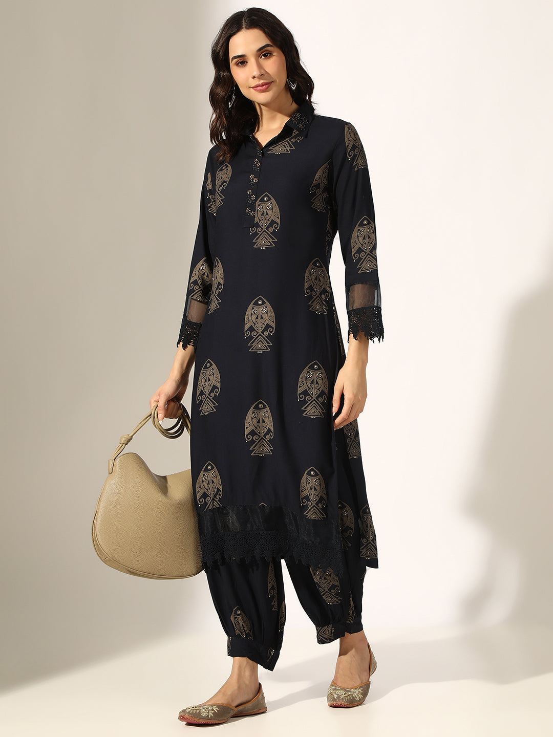 Women's Printed Navy Blue Kurta Set with Dhoti Pants