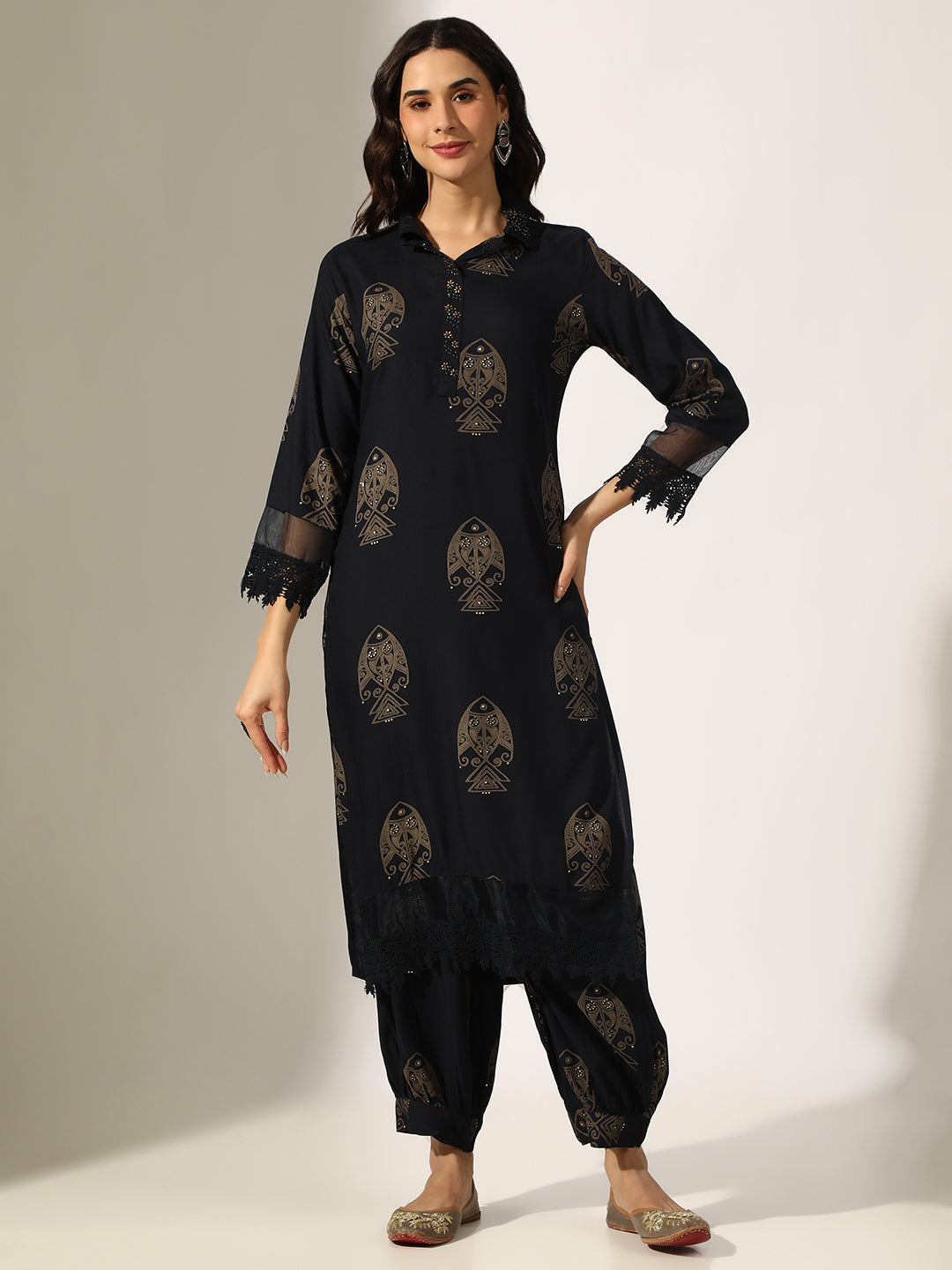 Women's Printed Navy Blue Kurta Set with Dhoti Pants
