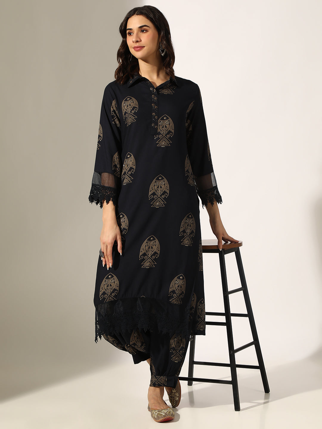 Women's Printed Navy Blue Kurta Set with Dhoti Pants