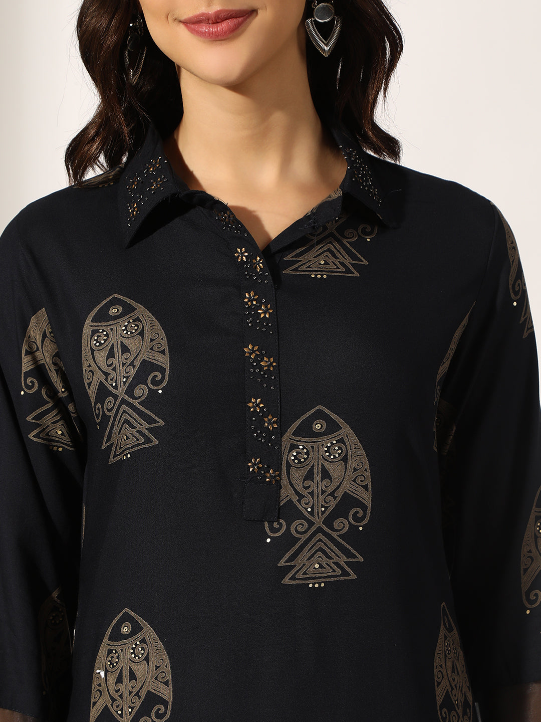 Women's Printed Navy Blue Kurta Set with Dhoti Pants