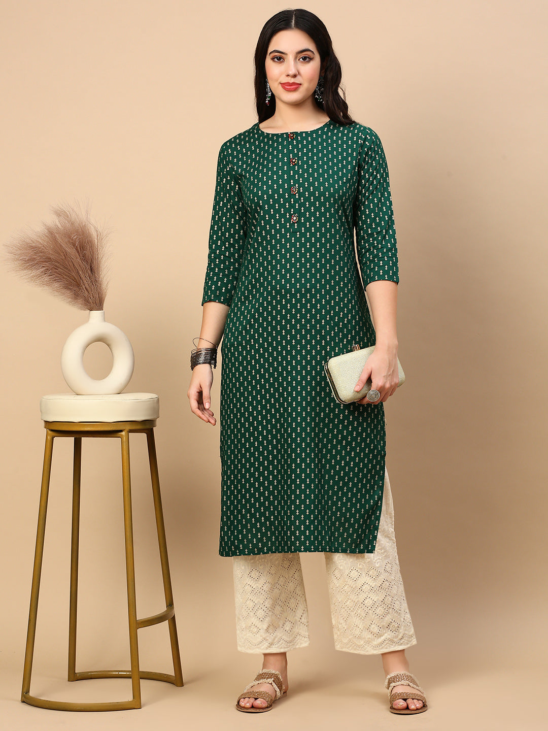 Women Straight Green Ethnic Motifs Kurta