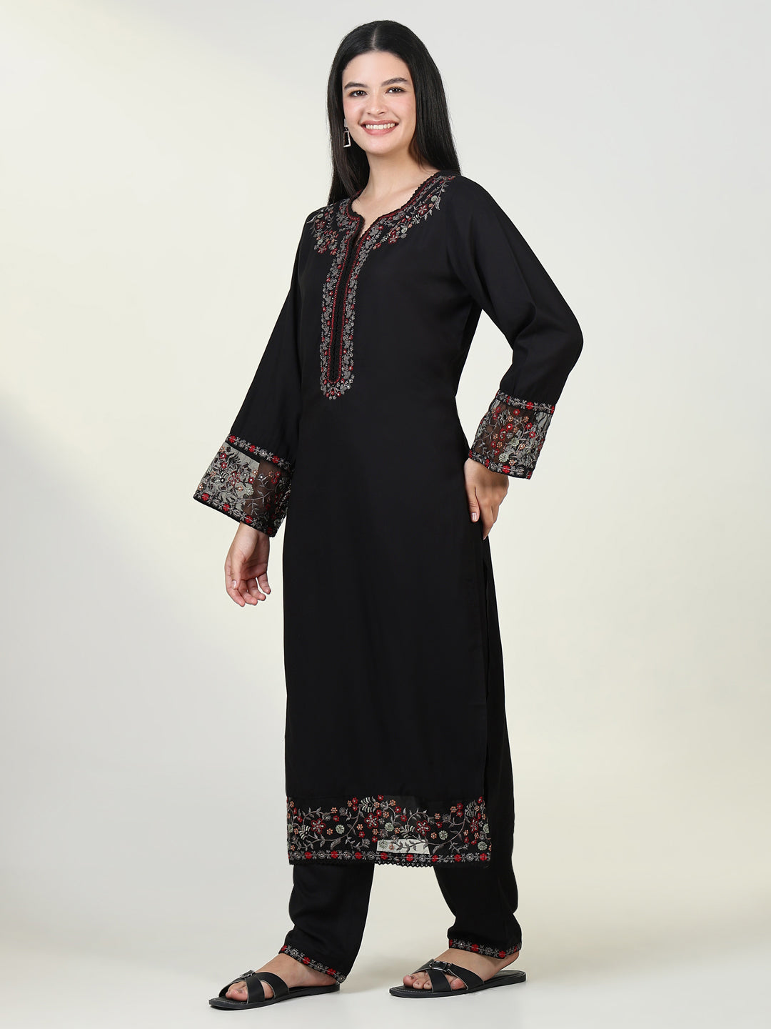 Women Solid Black Kurta Set with Dupatta